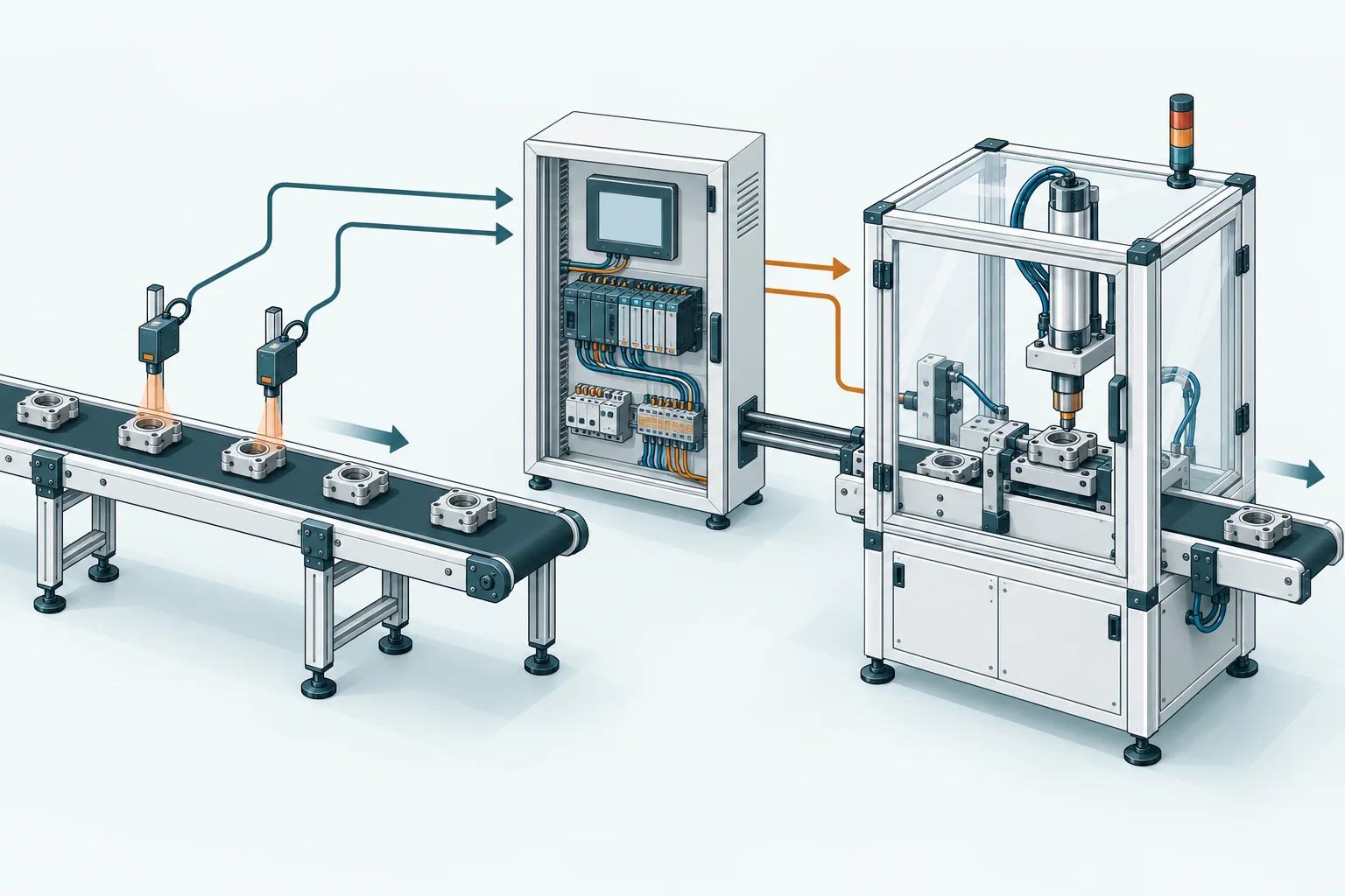 Sensors detect parts on a conveyor and feed a PLC control panel that coordinates an enclosed assembly machine.