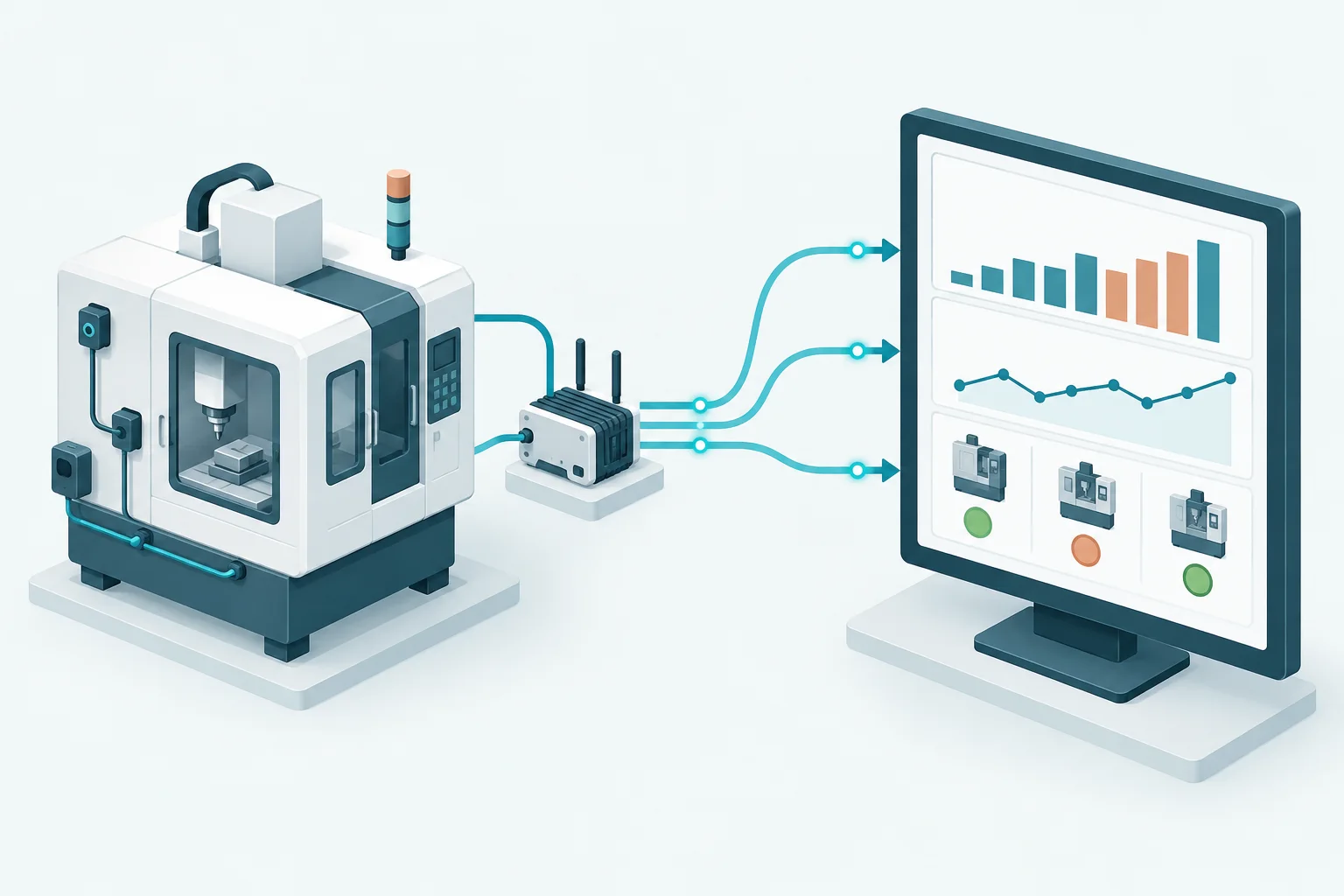 Machine sensors send readings through an IoT gateway to a dashboard with production charts and equipment status.