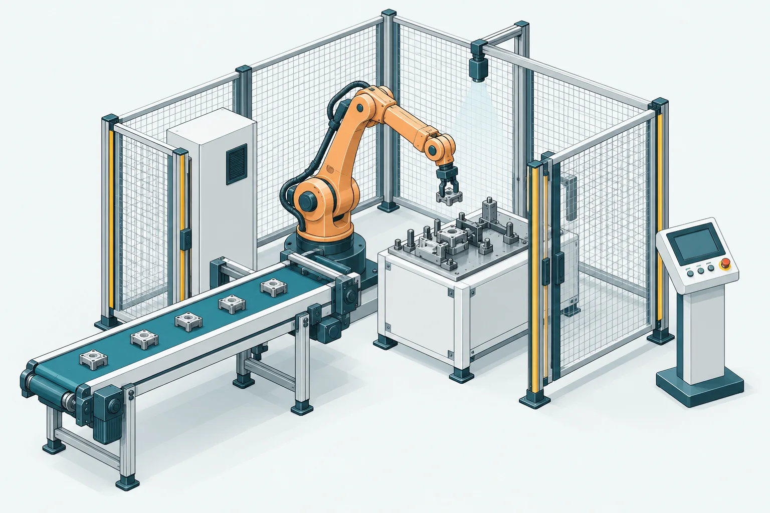 A robot transfers parts from a conveyor to an assembly fixture inside a guarded cell, with a vision camera and an external control station.